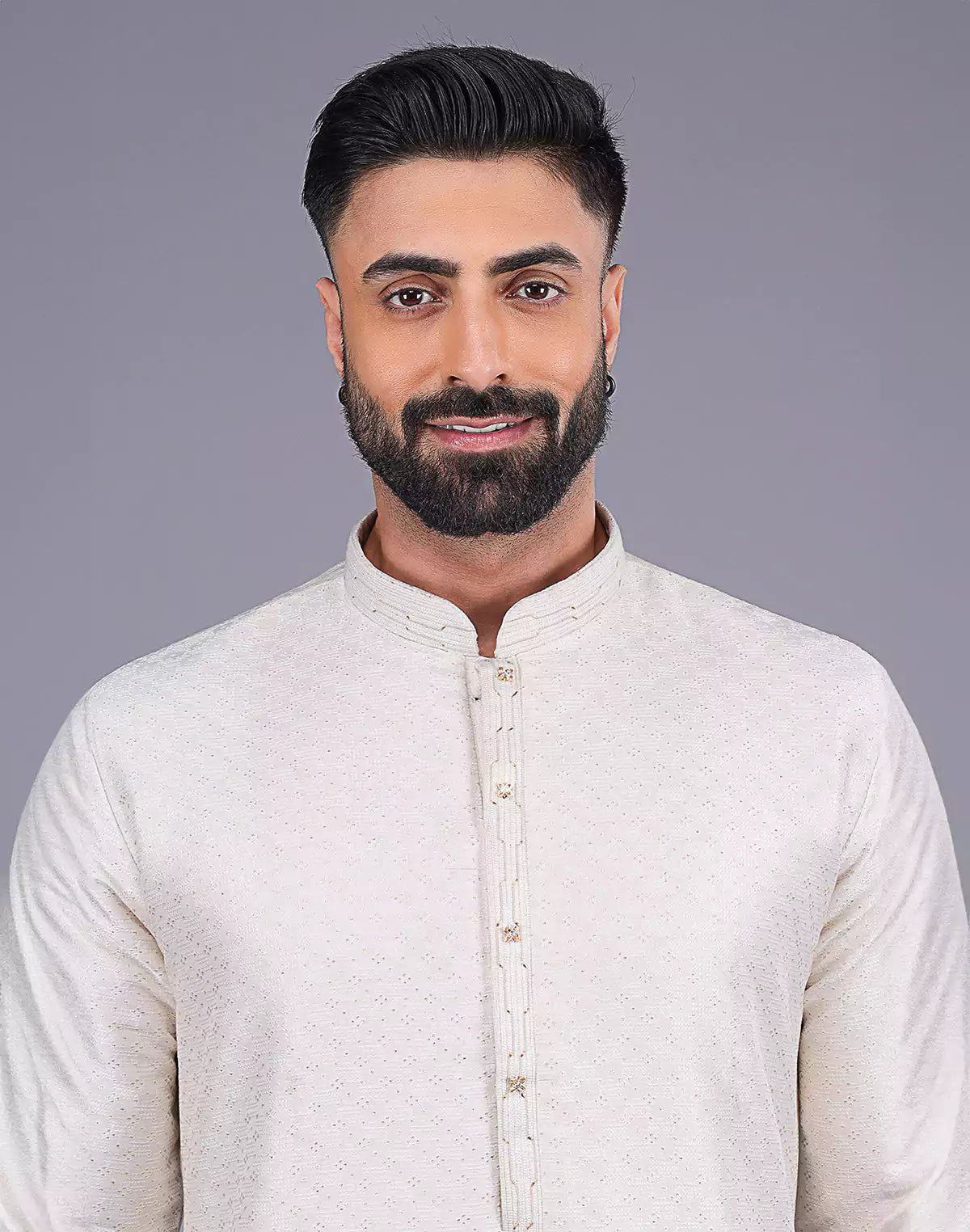 Image of Self Design Cream Colour Soft Silk Stones work Kurta Pyjama Set - South India Shopping Mall