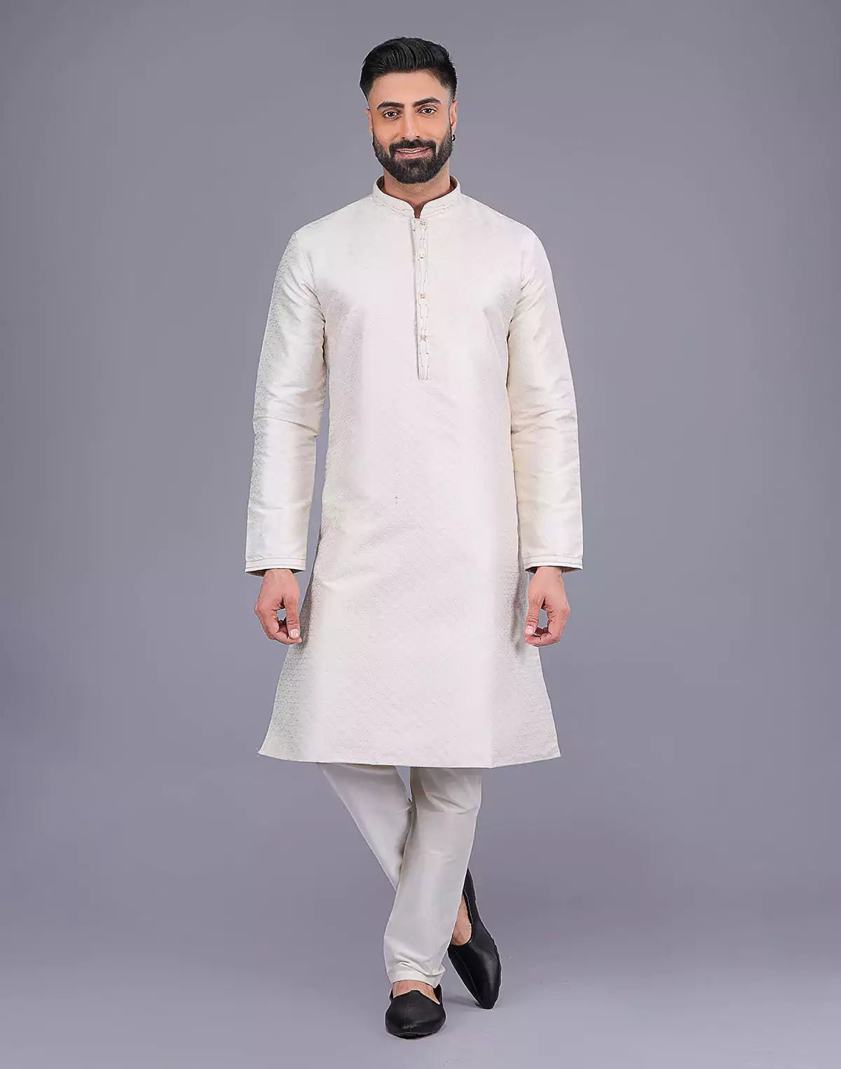 Image of Self Design Cream Colour Soft Silk Stones work Kurta Pyjama Set - South India Shopping Mall