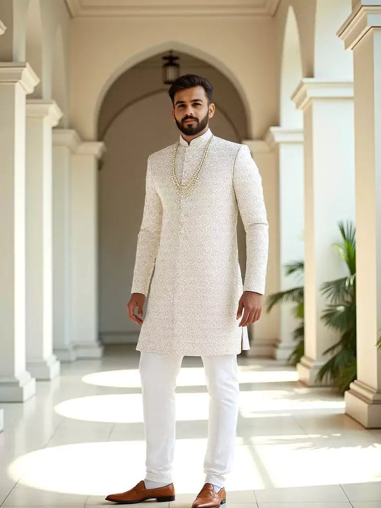 Image of Self Design Thread with Stones Cream Colour Matka Silk Indo - Western Style - South India Shopping Mall