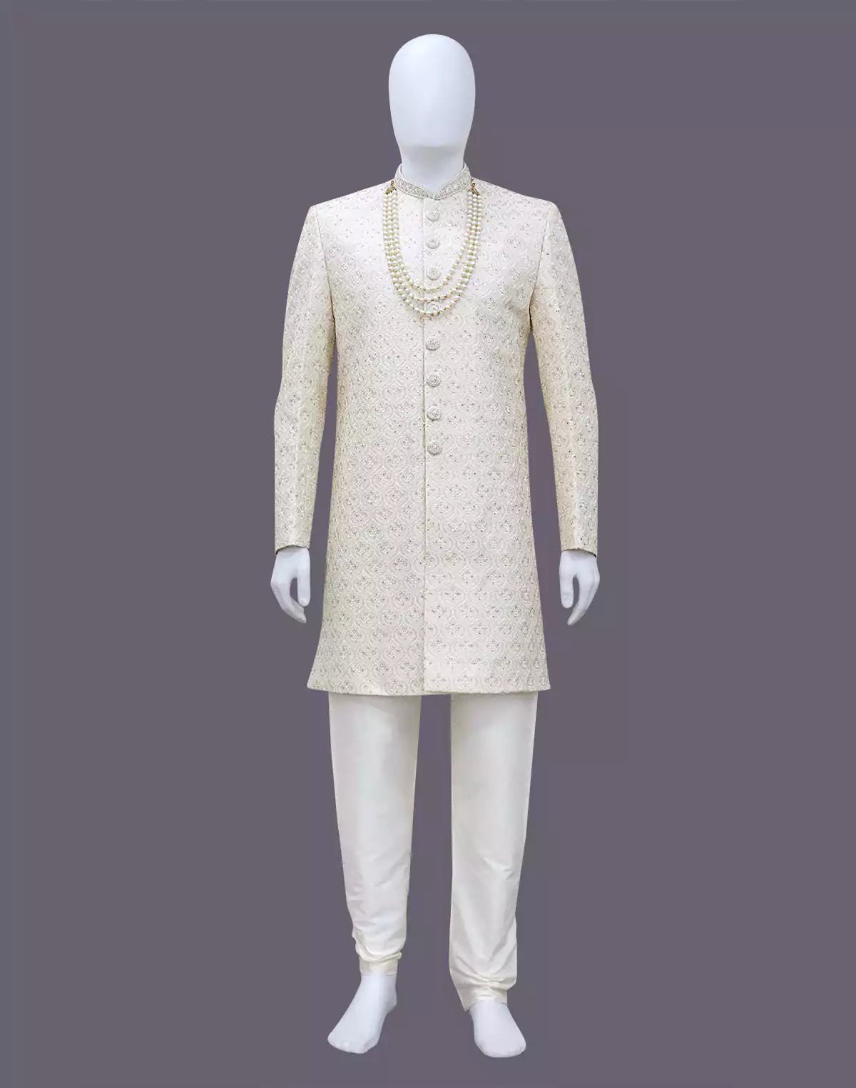 Image of Self Design Thread with Stones Cream Colour Matka Silk Indo - Western Style - South India Shopping Mall
