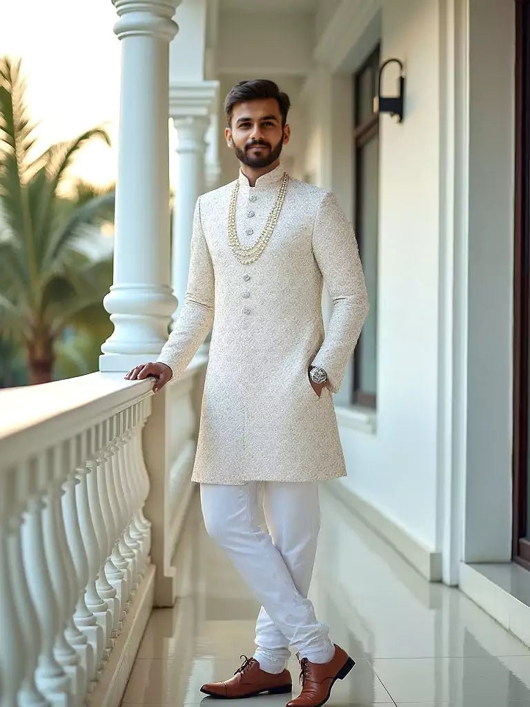 Image of Self Design Thread with Stones Cream Colour Matka Silk Indo - Western Style - South India Shopping Mall