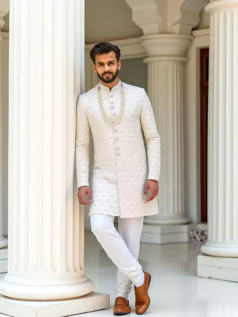 Image of Self Design Thread with Stones Cream Colour Matka Silk Indo - Western Style - South India Shopping Mall