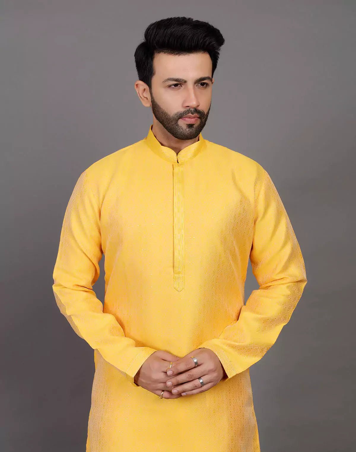 Image of Self Design Thread With Stones Work Yellow Soft Silk Kurta Set - South India Shopping Mall