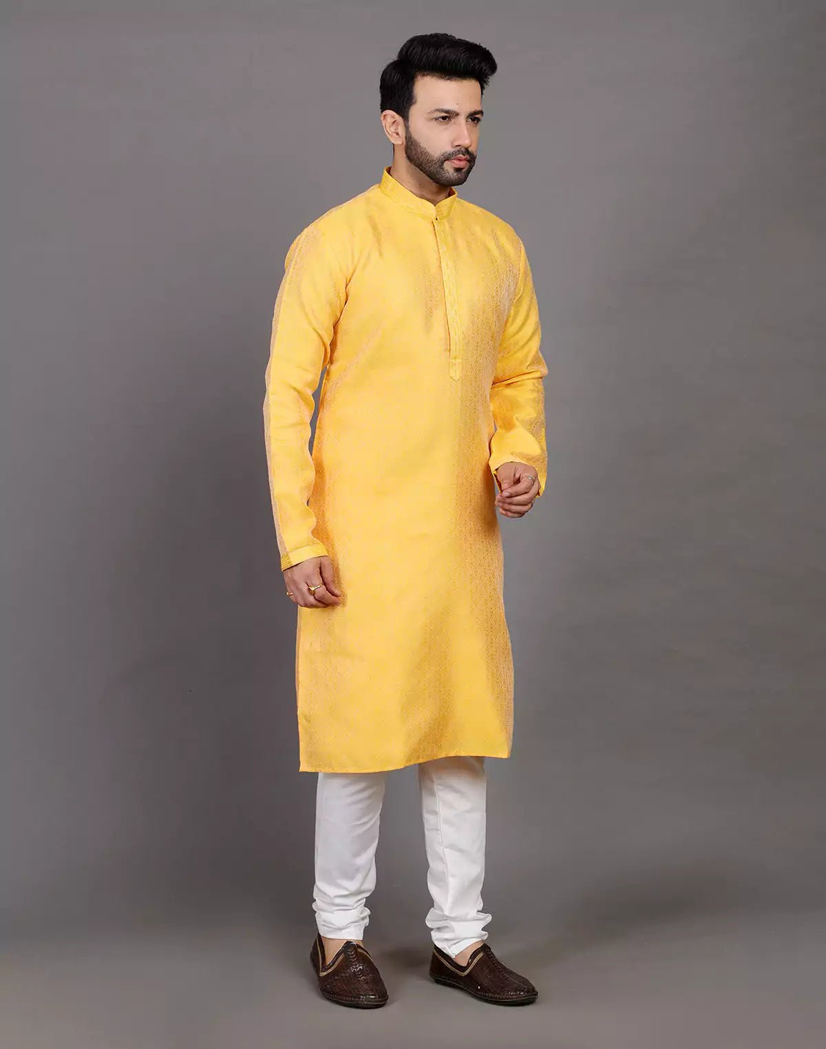 Image of Self Design Thread With Stones Work Yellow Soft Silk Kurta Set - South India Shopping Mall