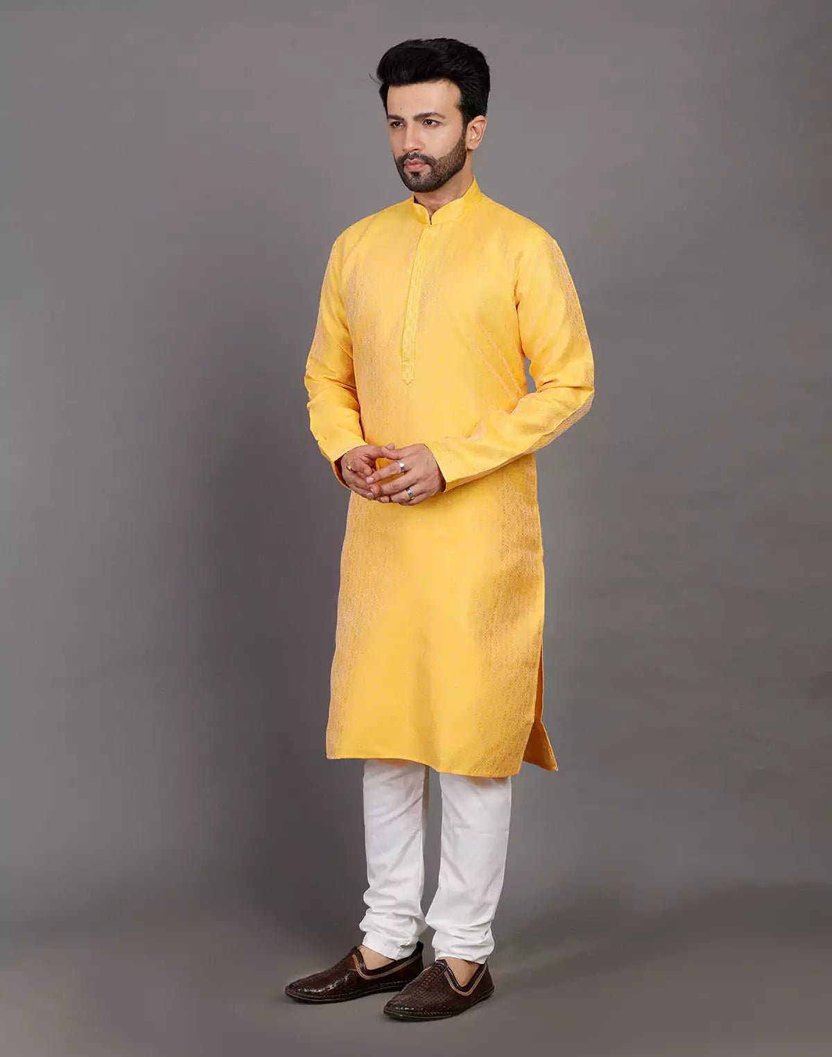 Image of Self Design Thread With Stones Work Yellow Soft Silk Kurta Set - South India Shopping Mall