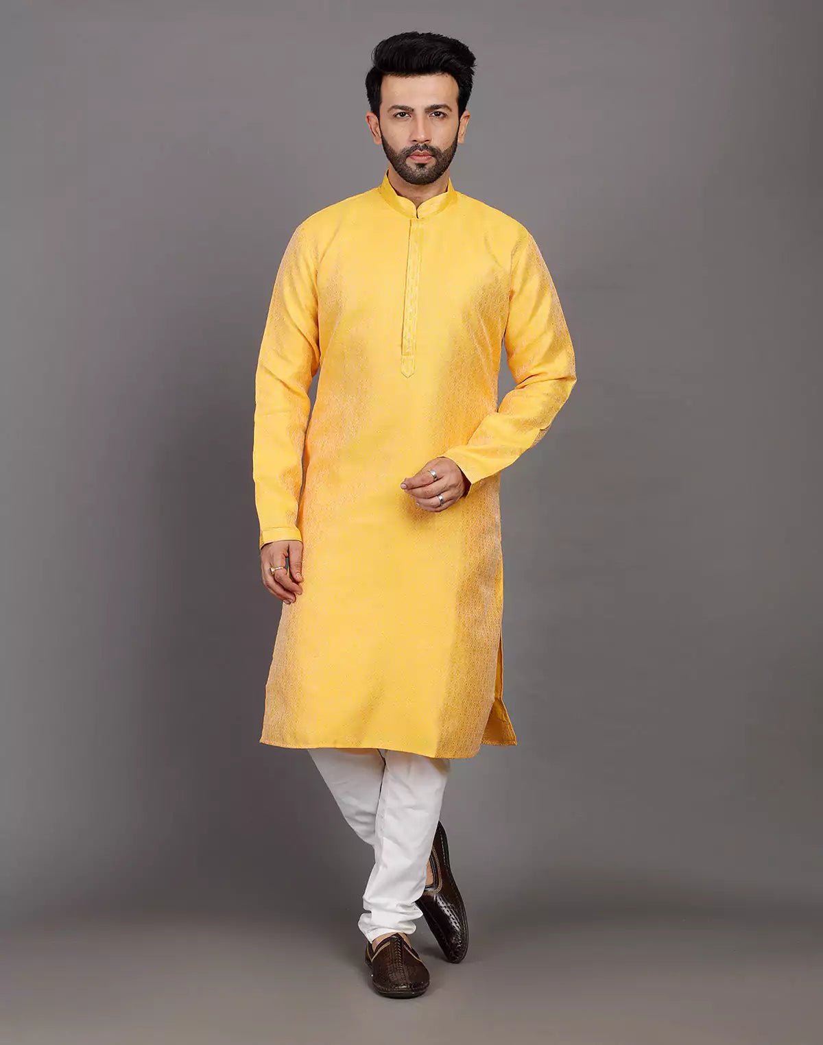 Image of Self Design Thread With Stones Work Yellow Soft Silk Kurta Set - South India Shopping Mall
