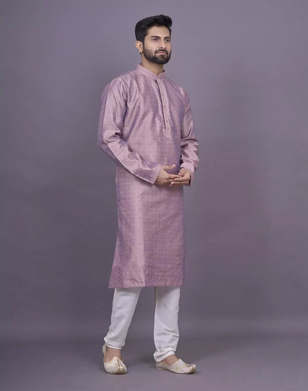 Image of Self Floral Design Jacquard Onion Coloured Kurta Pyjama Set - South India Shopping Mall