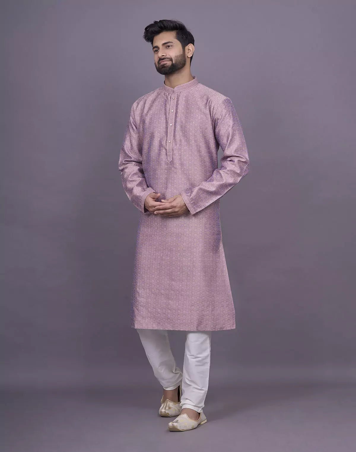 Image of Self Floral Design Jacquard Onion Coloured Kurta Pyjama Set - South India Shopping Mall