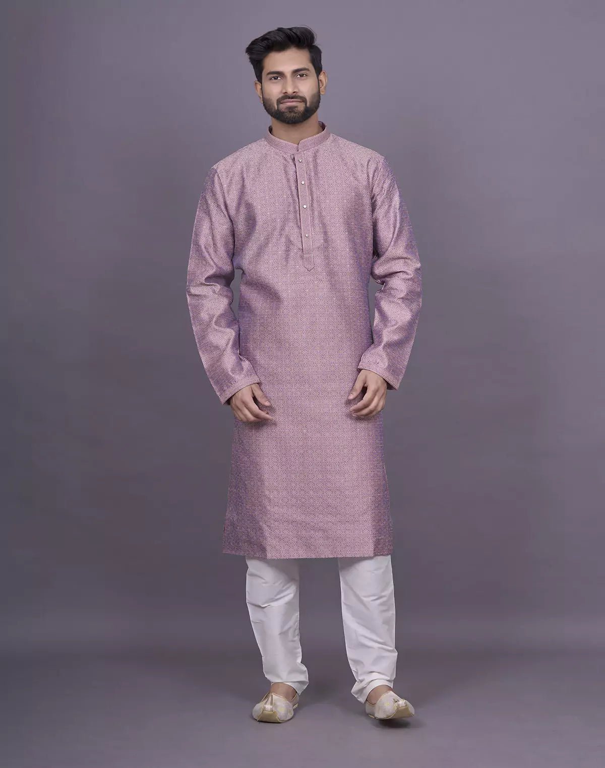 Image of Self Floral Design Jacquard Onion Coloured Kurta Pyjama Set - South India Shopping Mall