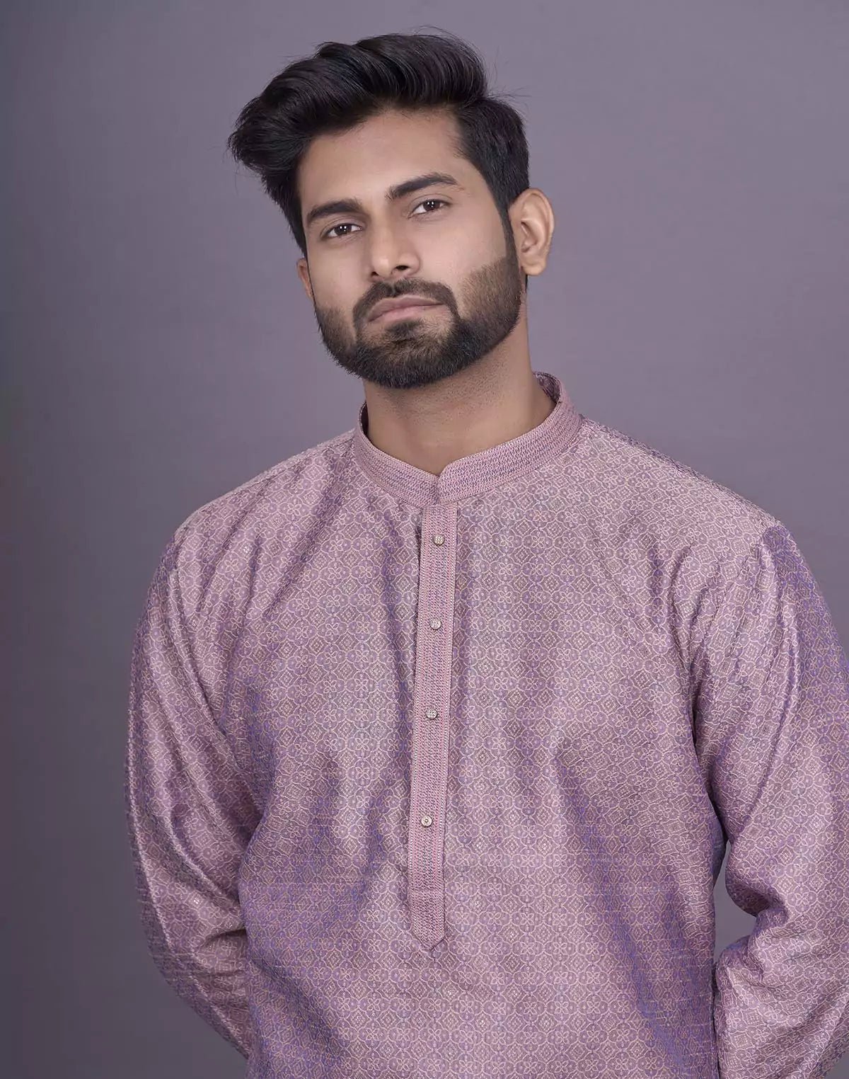 Image of Self Floral Design Jacquard Onion Coloured Kurta Pyjama Set - South India Shopping Mall