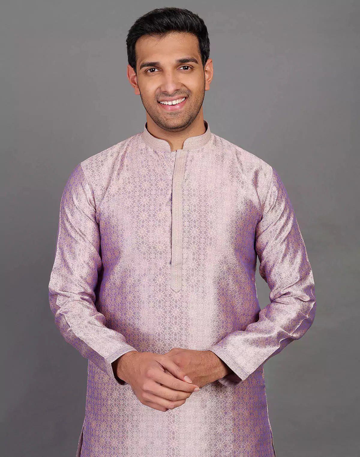 Image of Self Floral Design Onion Coloured Soft Silk Kurta Pajama Set - South India Shopping Mall