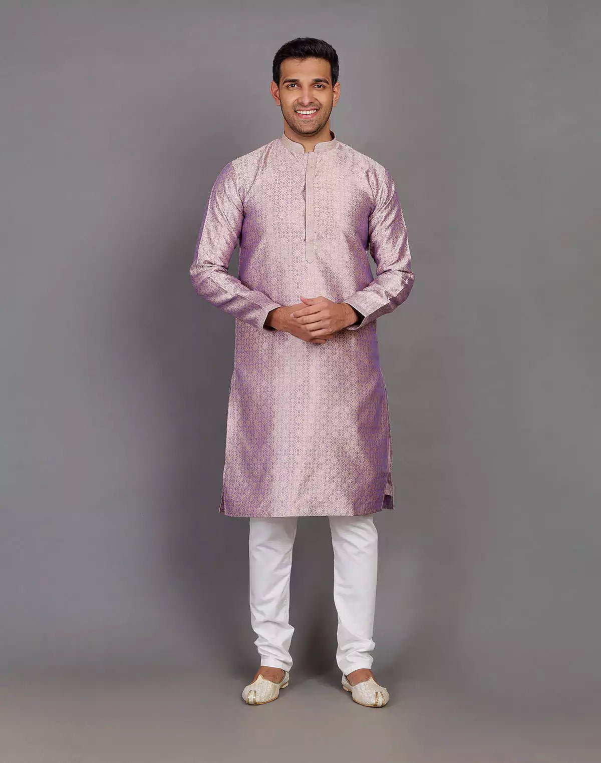 Image of Self Floral Design Onion Coloured Soft Silk Kurta Pajama Set - South India Shopping Mall