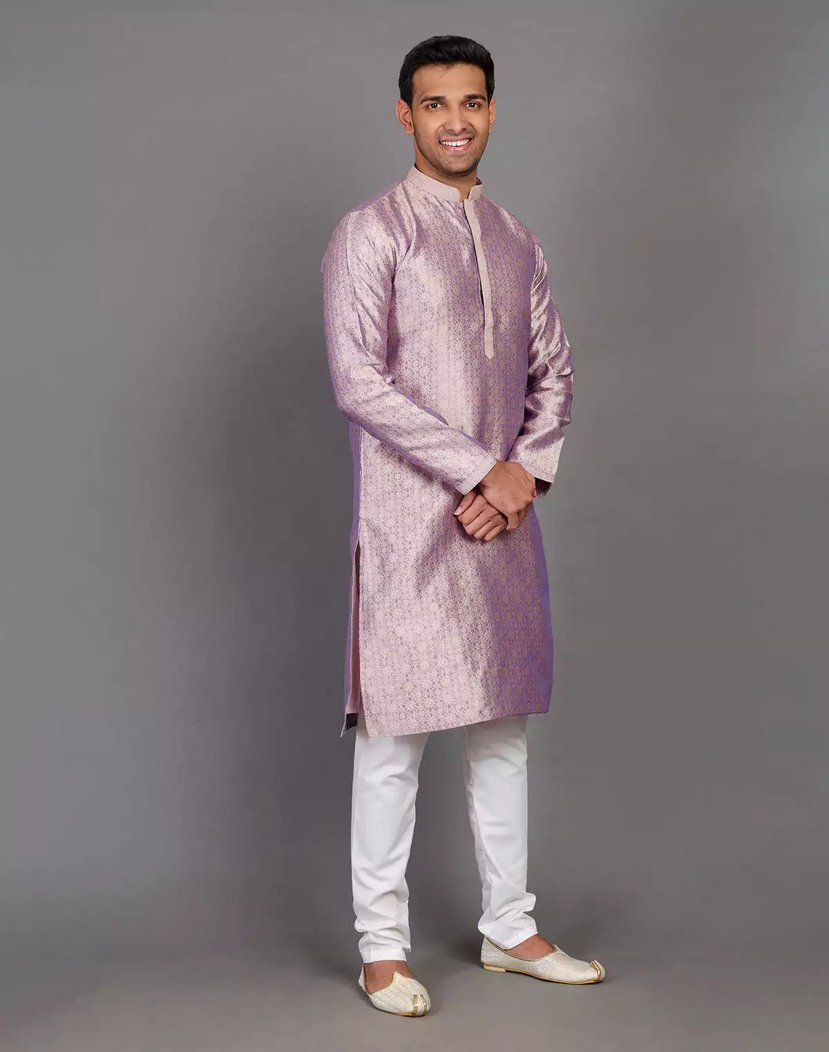 Image of Self Floral Design Onion Coloured Soft Silk Kurta Pajama Set - South India Shopping Mall