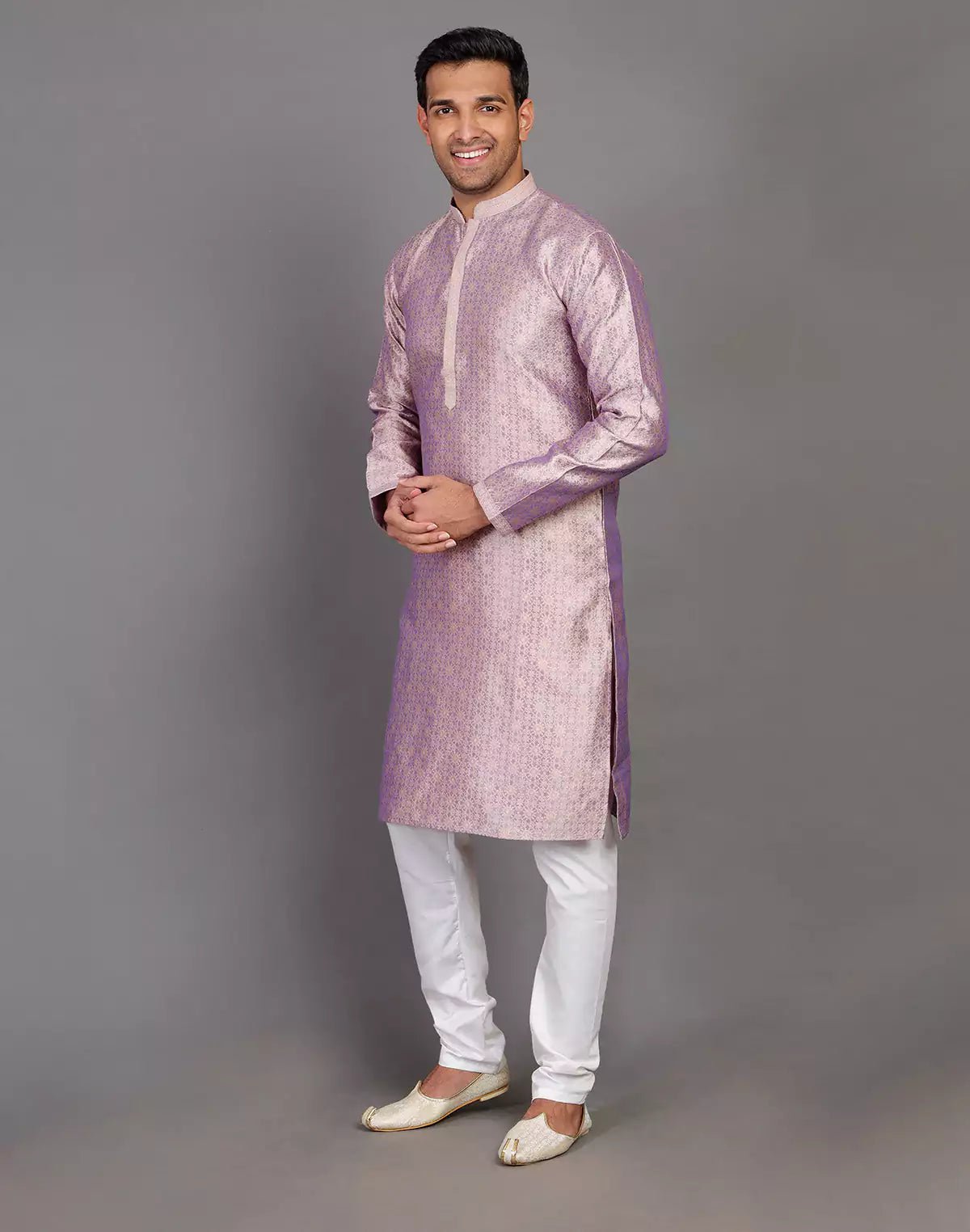 Image of Self Floral Design Onion Coloured Soft Silk Kurta Pajama Set - South India Shopping Mall