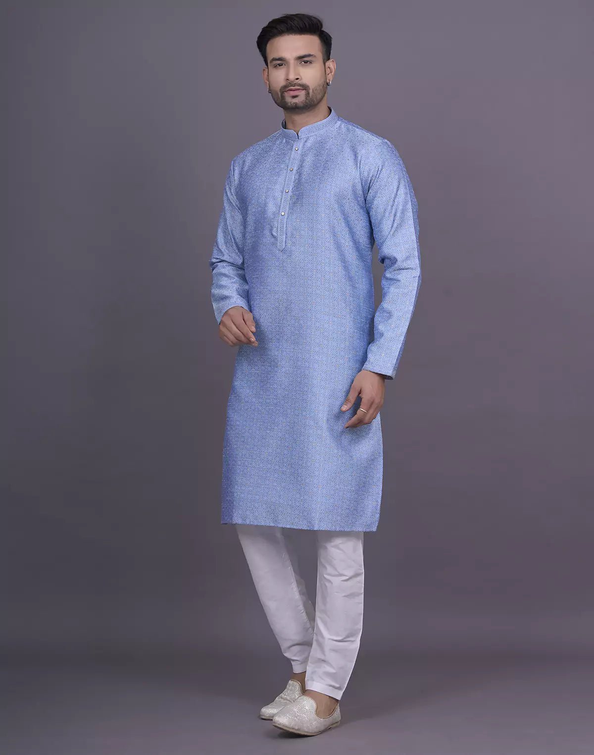 Self Floral Design Stones work Soft Silk Sky Kurta Pyjama – South India ...