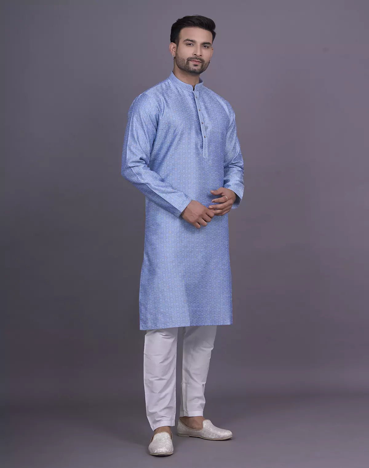 Image of Self Floral Design Stones work Soft Silk Sky Kurta Pyjama Set - South India Shopping Mall