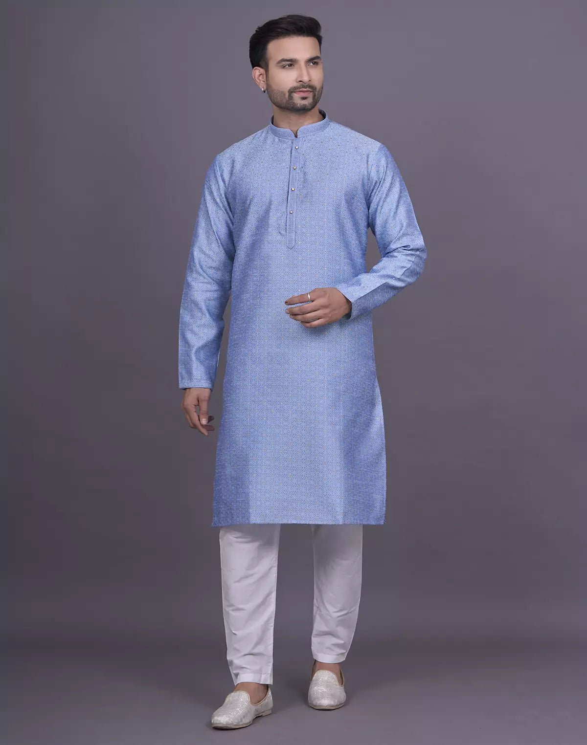 Image of Self Floral Design Stones work Soft Silk Sky Kurta Pyjama Set - South India Shopping Mall