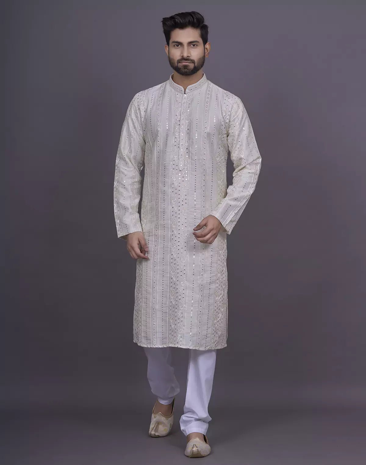 Image of Self Floral Sequence with Thread work Cream Raw Silk Kurta Pyjama Set - South India Shopping Mall