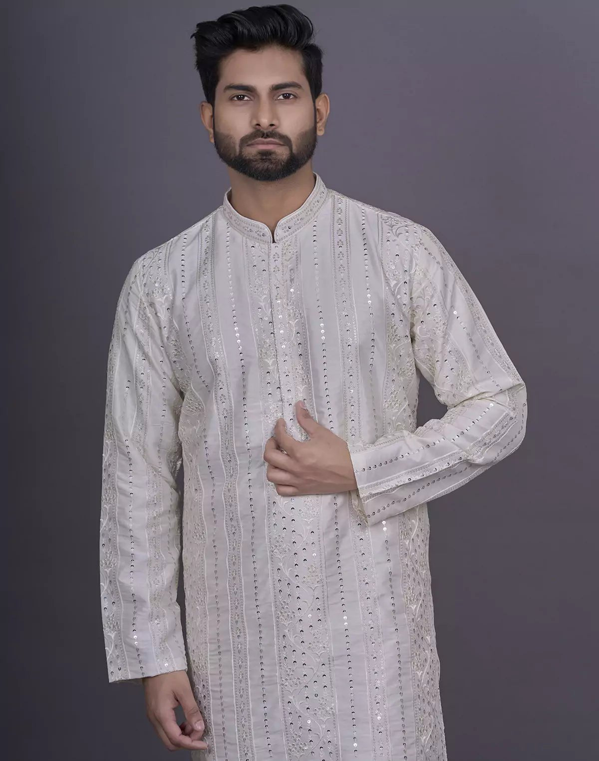 Image of Self Floral Sequence with Thread work Cream Raw Silk Kurta Pyjama Set - South India Shopping Mall