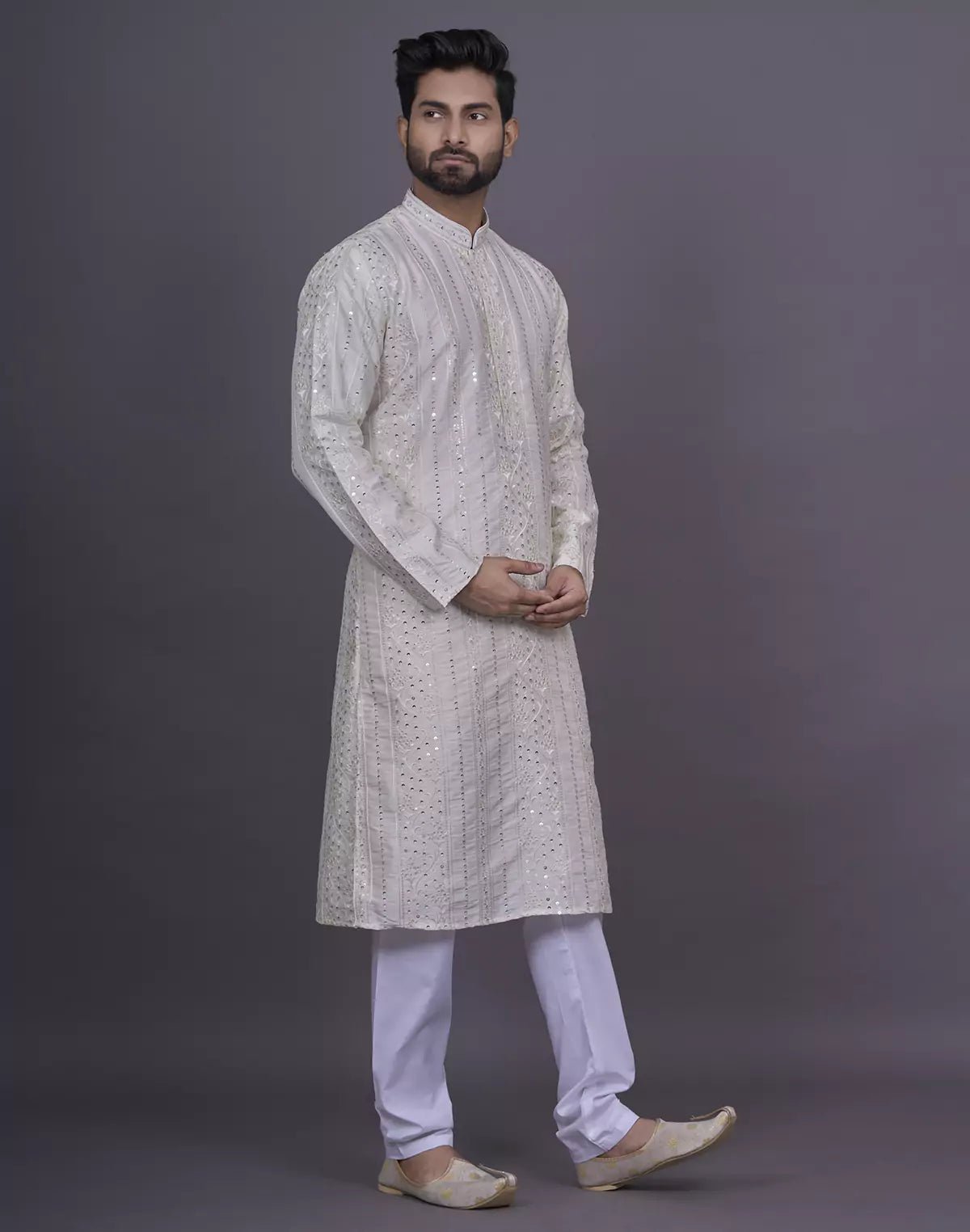 Image of Self Floral Sequence with Thread work Cream Raw Silk Kurta Pyjama Set - South India Shopping Mall