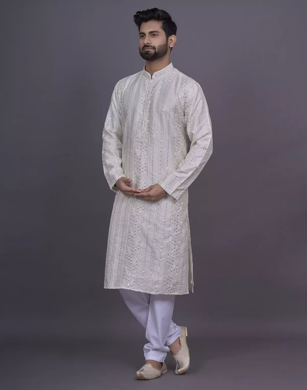 Image of Self Floral Sequence with Thread work Cream Raw Silk Kurta Pyjama Set - South India Shopping Mall