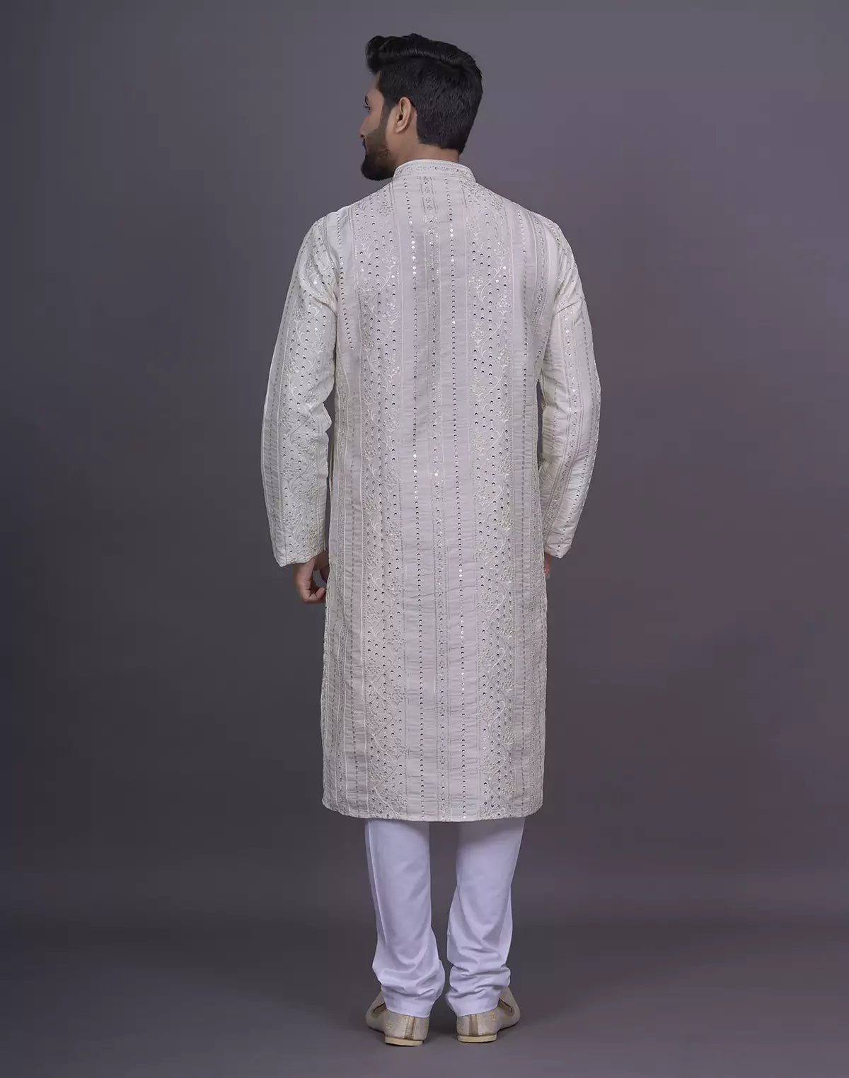 Image of Self Floral Sequence with Thread work Cream Raw Silk Kurta Pyjama Set - South India Shopping Mall