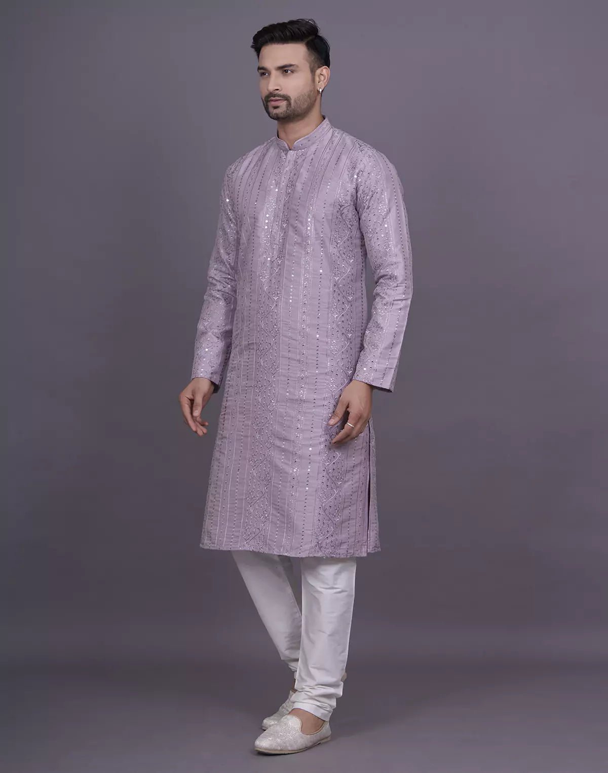 Image of self floral sequence with thread work onion soft silk kurta pyjama set - South India Shopping Mall