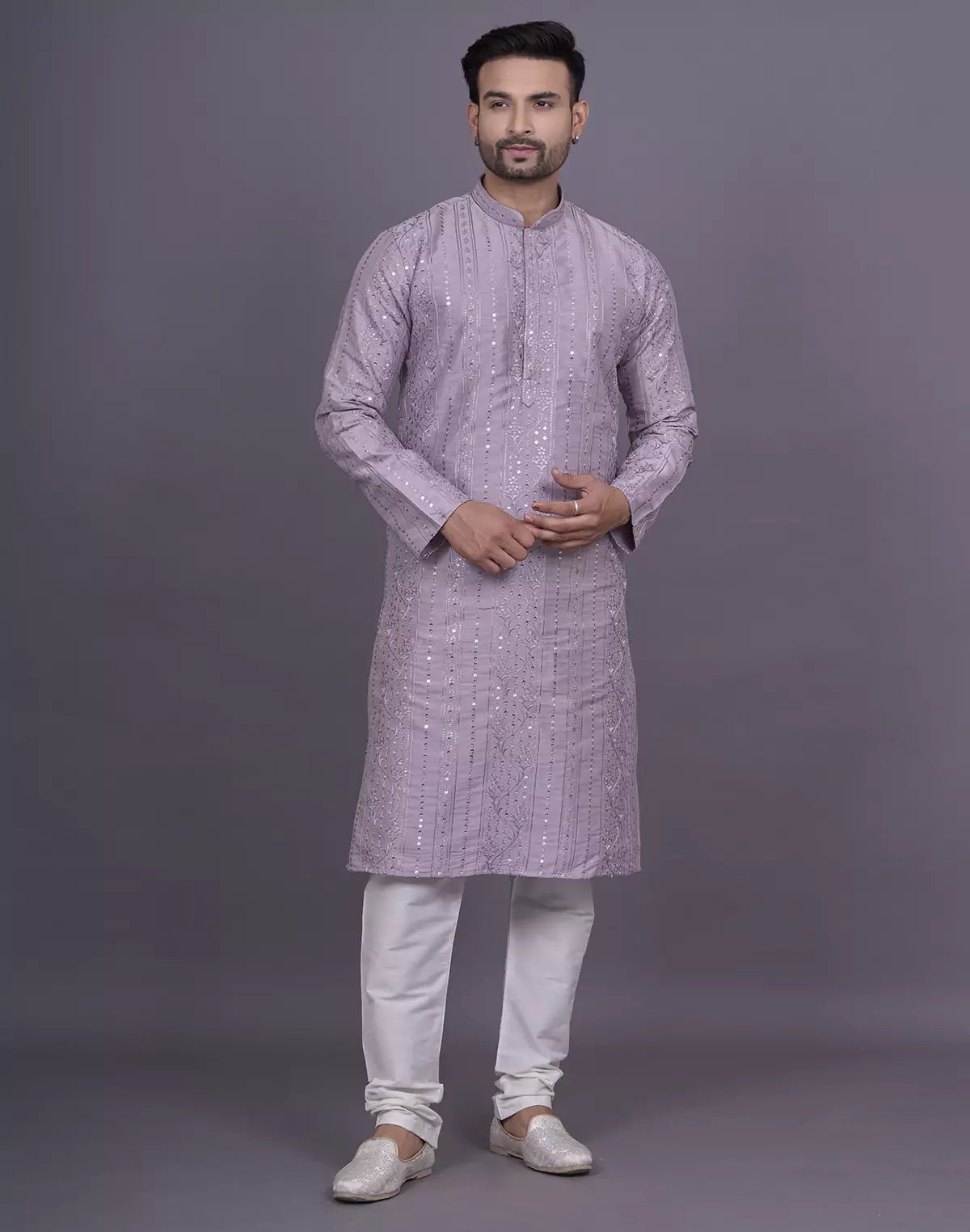 Image of self floral sequence with thread work onion soft silk kurta pyjama set - South India Shopping Mall