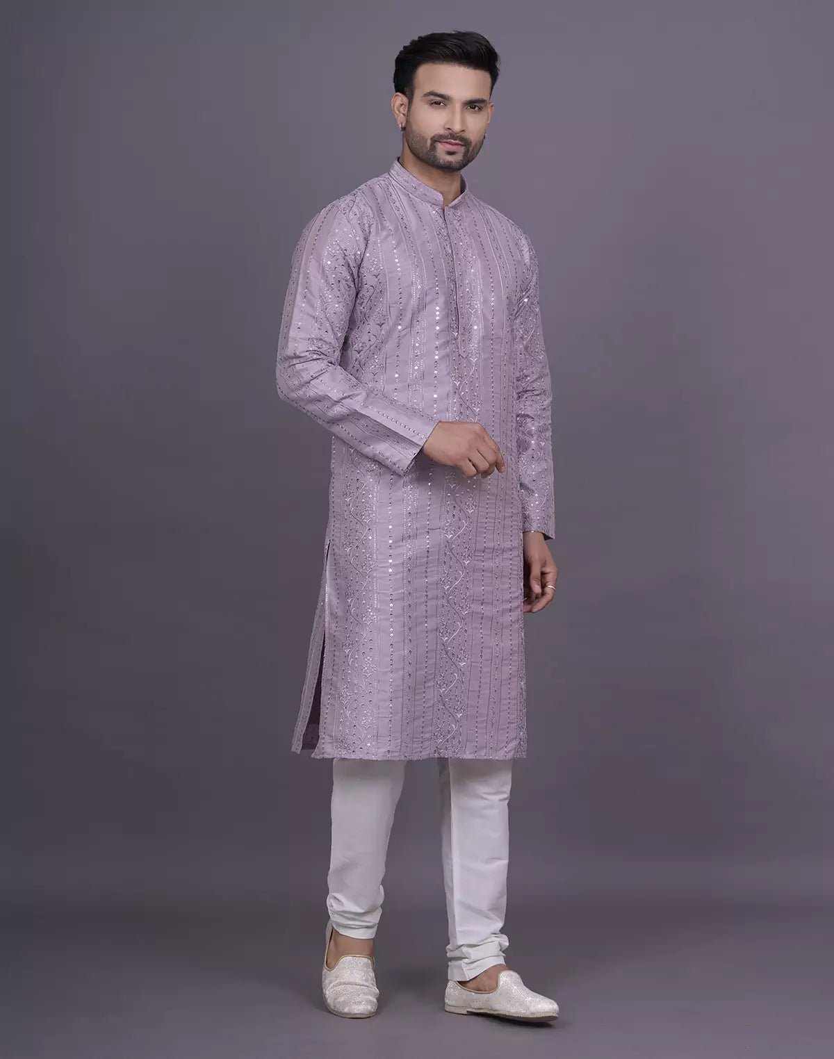Image of self floral sequence with thread work onion soft silk kurta pyjama set - South India Shopping Mall