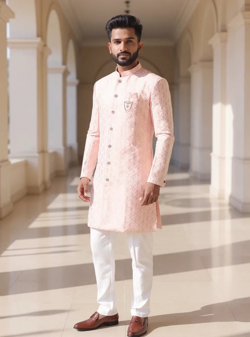 Image of Self Floral Weaving Jacquard Pink Semi - Indo Set - South India Shopping Mall