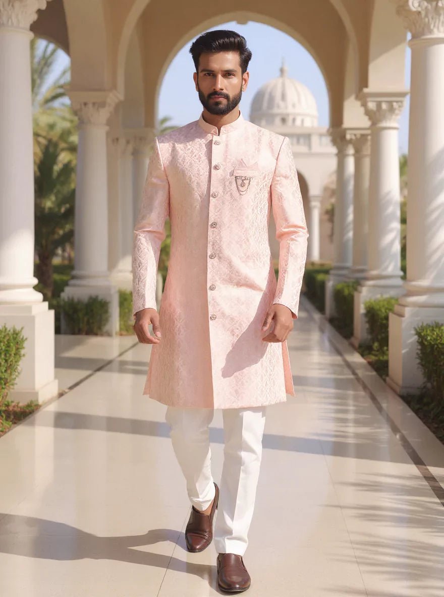 Image of Self Floral Weaving Jacquard Pink Semi - Indo Set - South India Shopping Mall