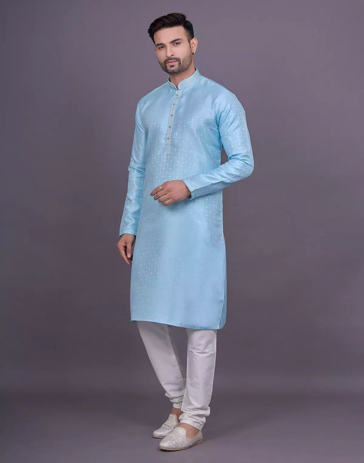 Image of Self Geometric Design Sky Colour Jacquard Kurta Pajama - South India Shopping Mall