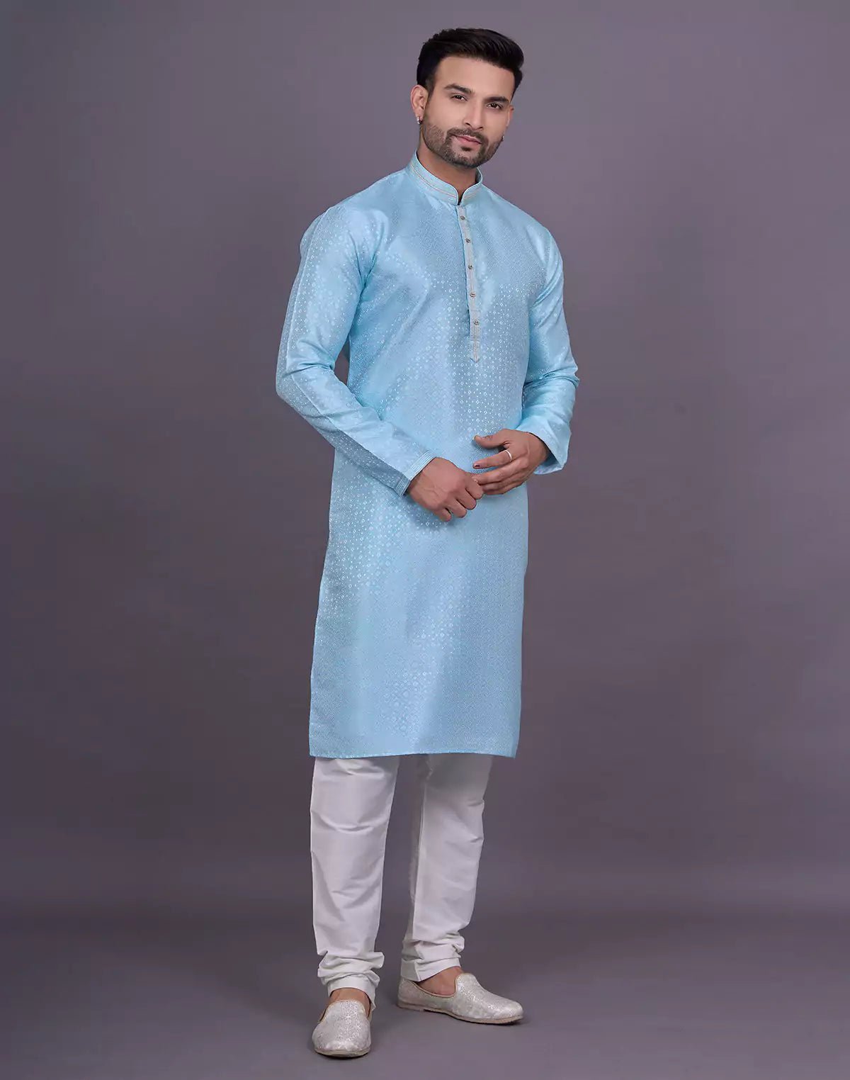 Image of Self Geometric Design Sky Colour Jacquard Kurta Pajama - South India Shopping Mall