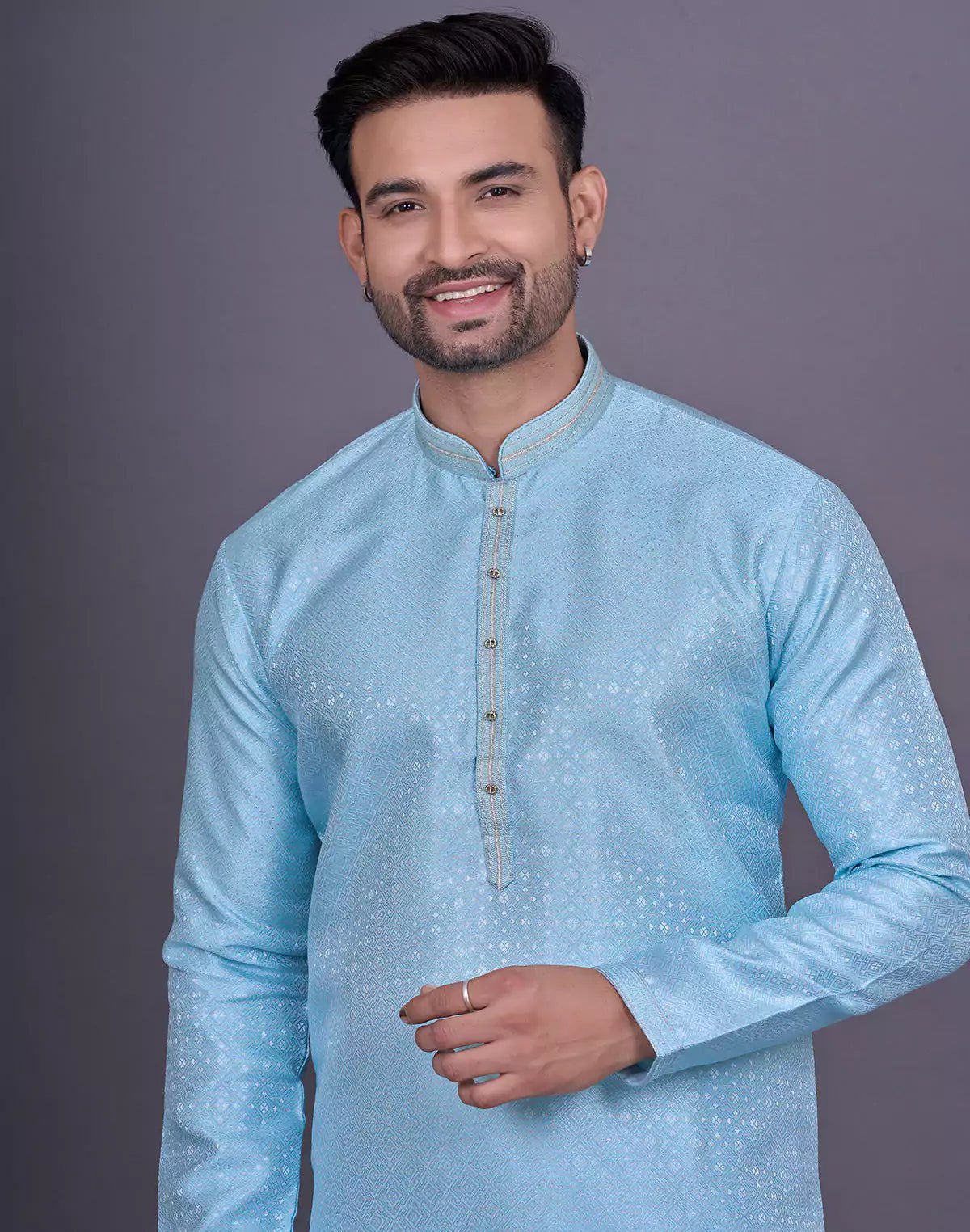 Image of Self Geometric Design Sky Colour Jacquard Kurta Pajama - South India Shopping Mall