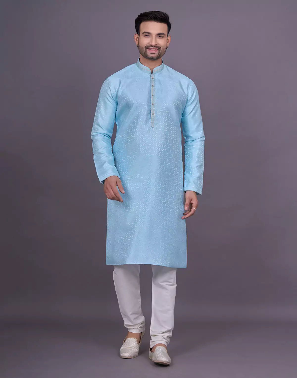 Image of Self Geometric Design Sky Colour Jacquard Kurta Pajama - South India Shopping Mall