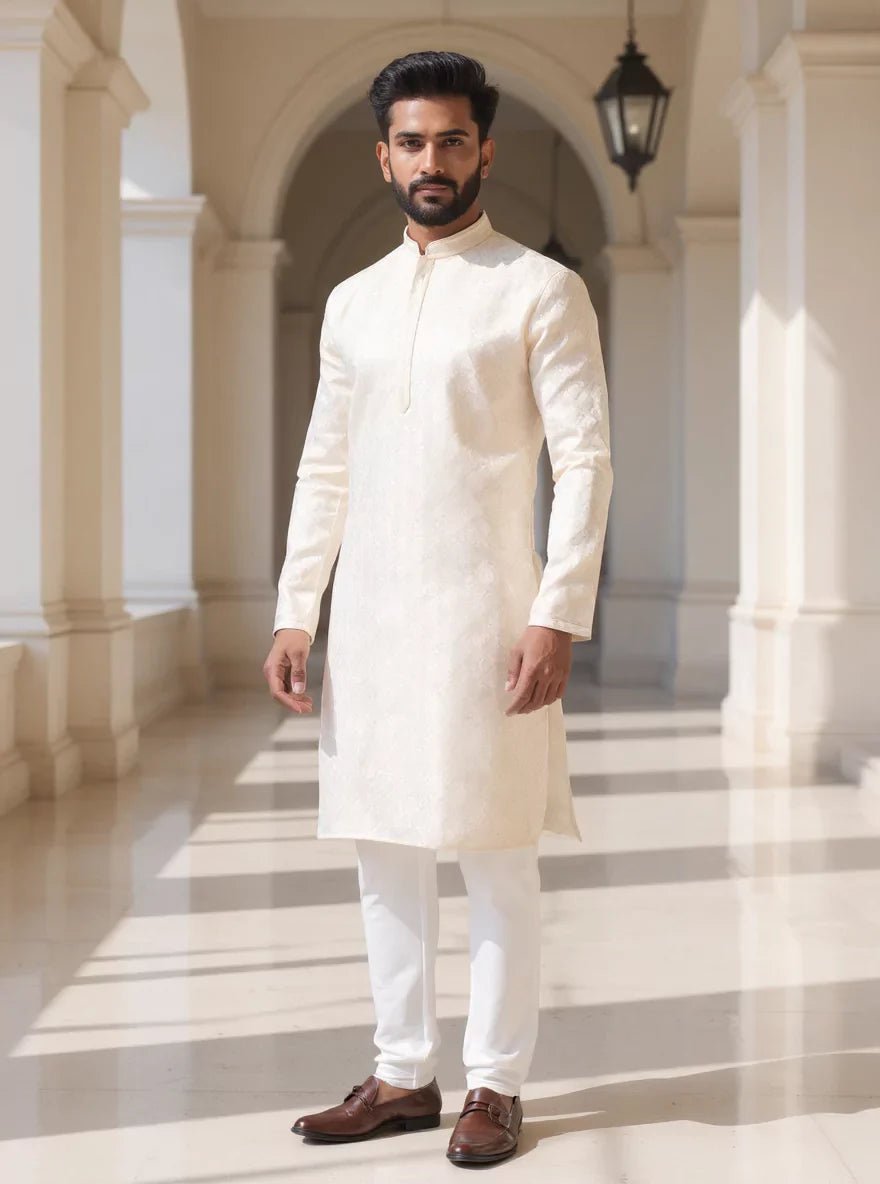 Image of Self Highlighted Weaving Jacquard Kurta Pyjama Set - South India Shopping Mall