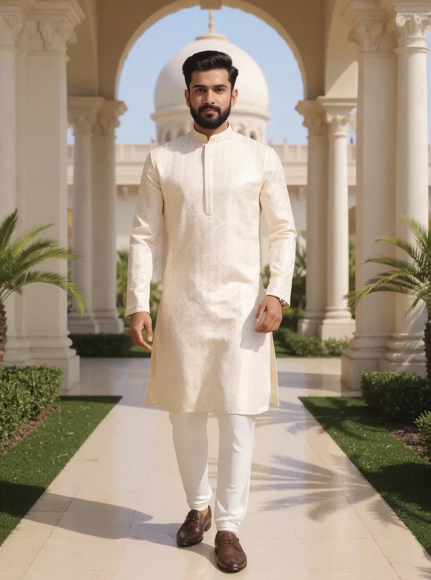 Image of Self Highlighted Weaving Jacquard Kurta Pyjama Set - South India Shopping Mall