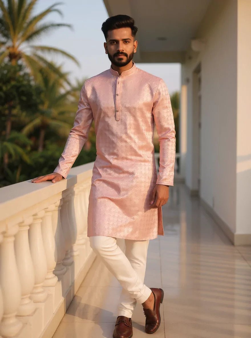 Image of Self Highlighted Weaving Jacquard Kurta Pyjama Set - South India Shopping Mall