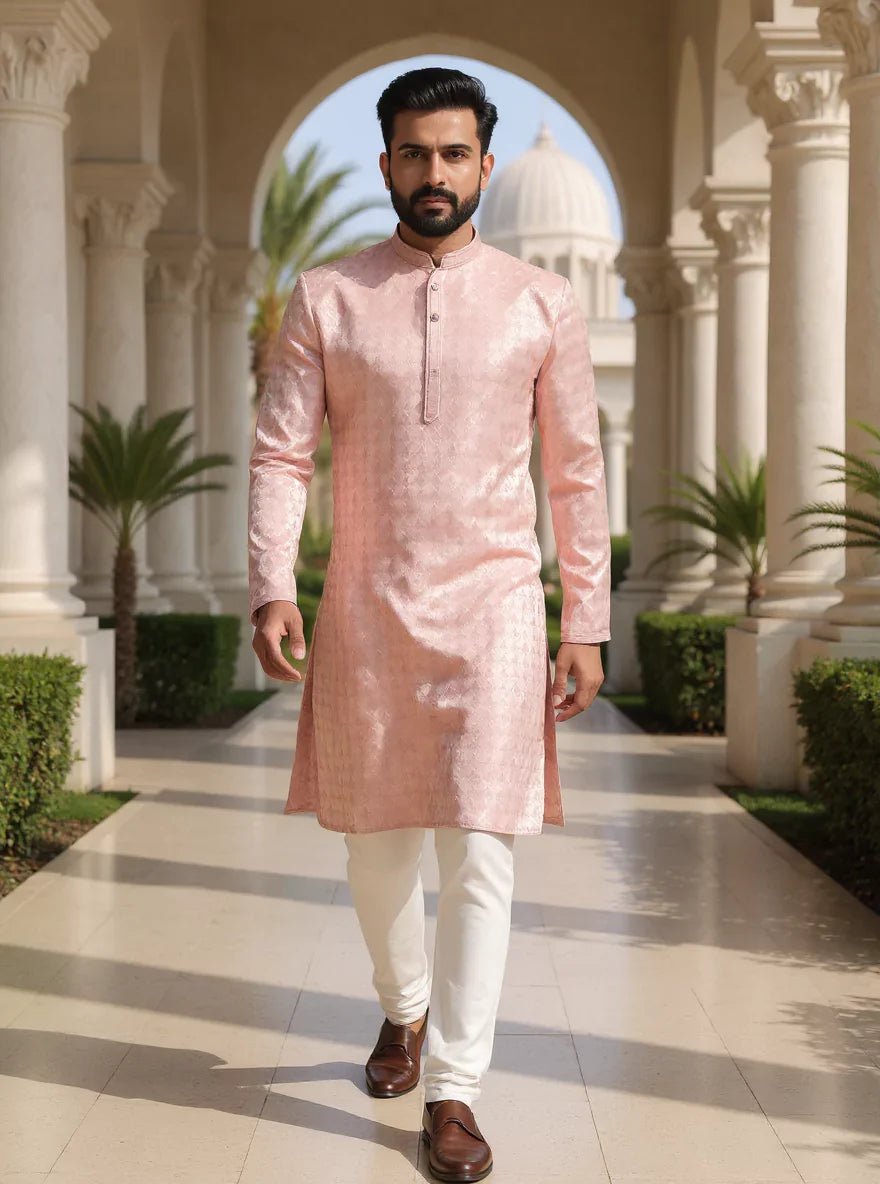 Image of Self Highlighted Weaving Jacquard Kurta Pyjama Set - South India Shopping Mall