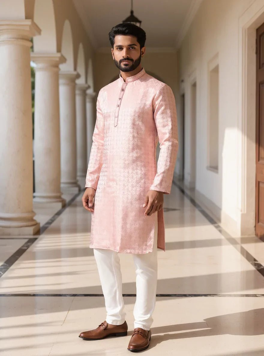 Image of Self Highlighted Weaving Jacquard Kurta Pyjama Set - South India Shopping Mall