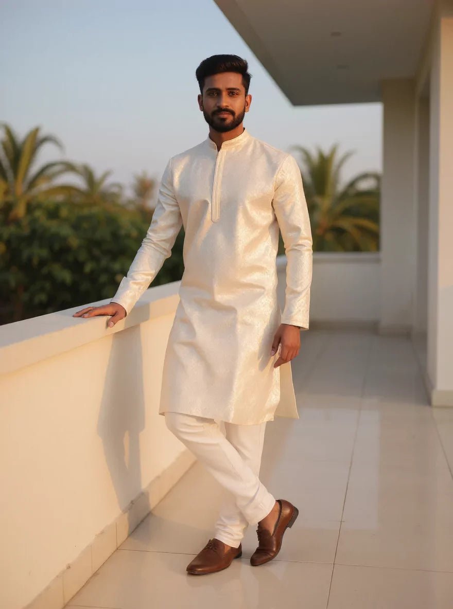 Image of Self Highlighted Weaving Jacquard Kurta Pyjama Set - South India Shopping Mall