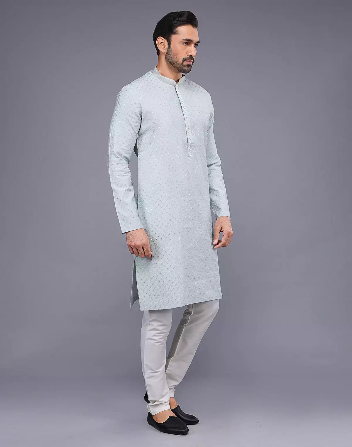 Image of Self Imperial Patterned Elegant Sky Coloured Soft Silk Kurta Set - South India Shopping Mall