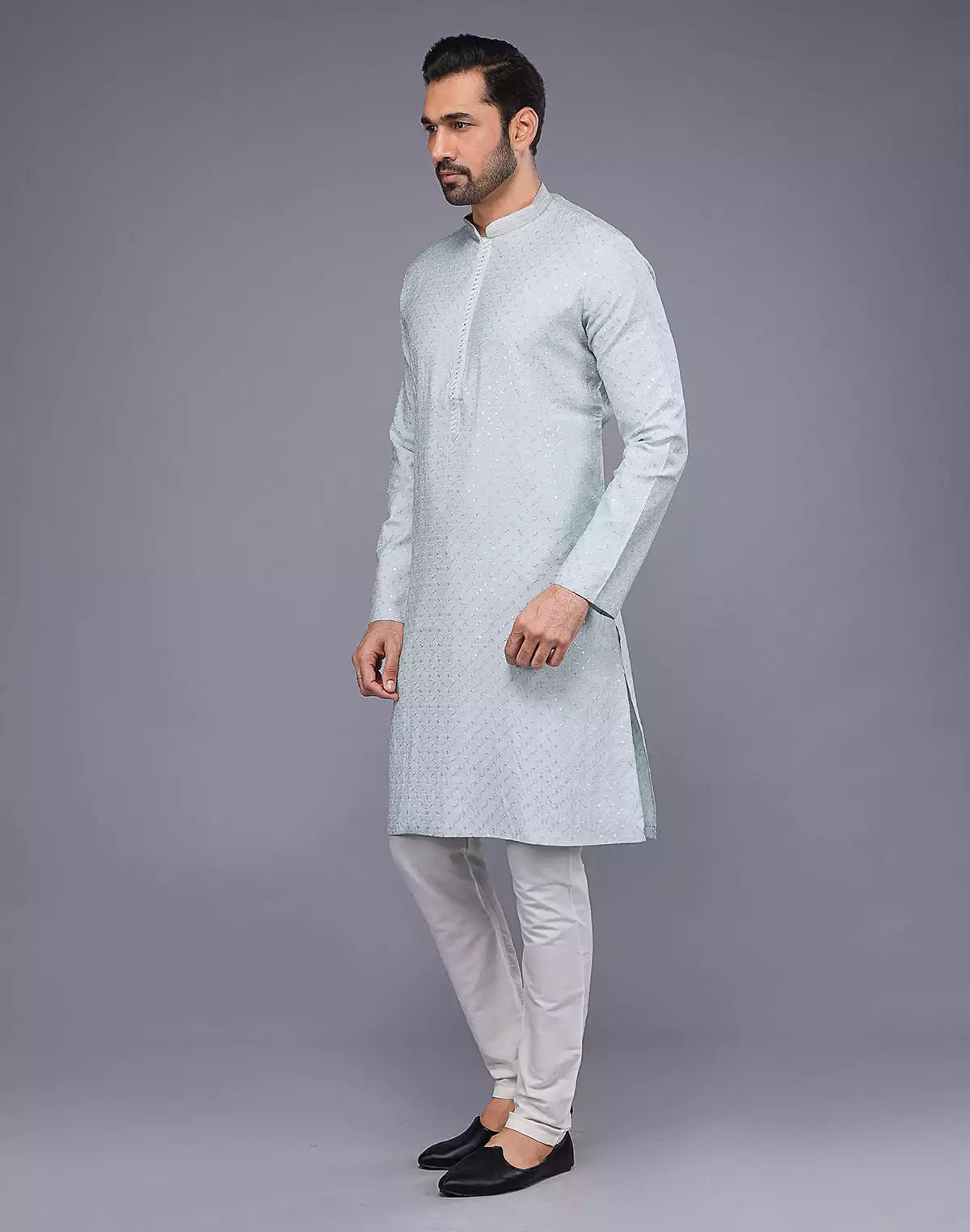 Image of Self Imperial Patterned Elegant Sky Coloured Soft Silk Kurta Set - South India Shopping Mall