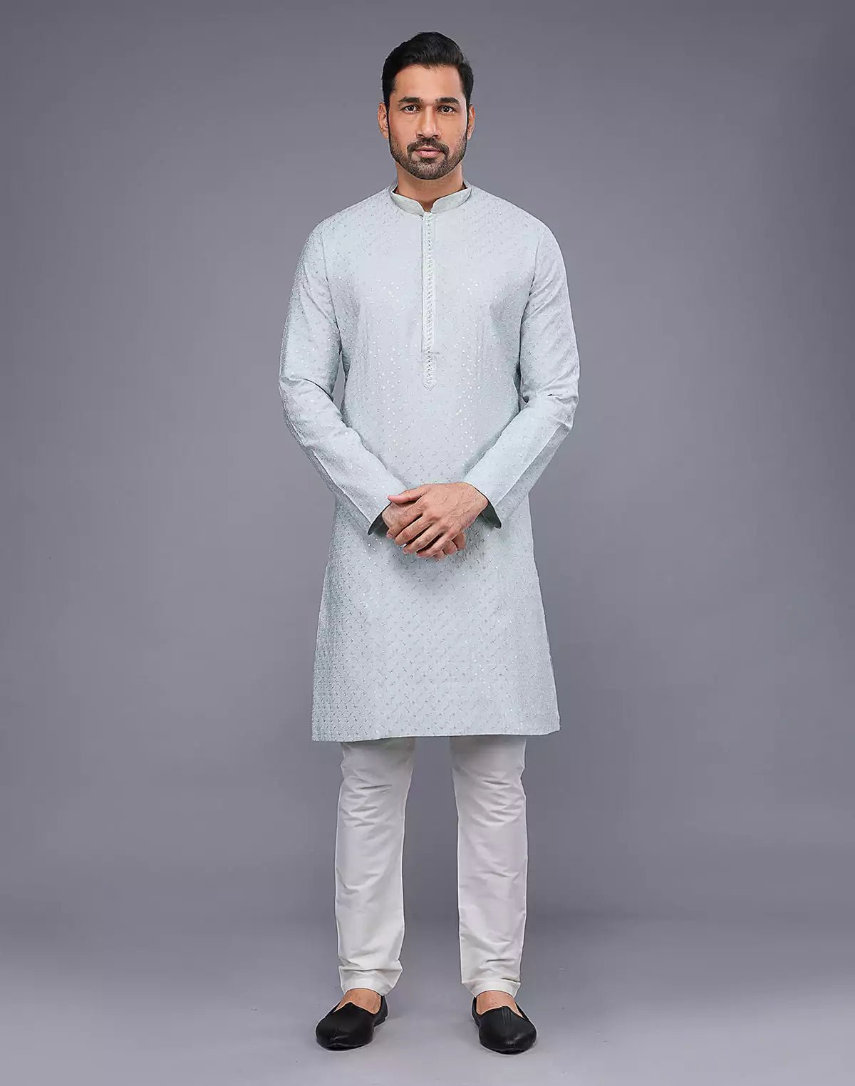 Image of Self Imperial Patterned Elegant Sky Coloured Soft Silk Kurta Set - South India Shopping Mall