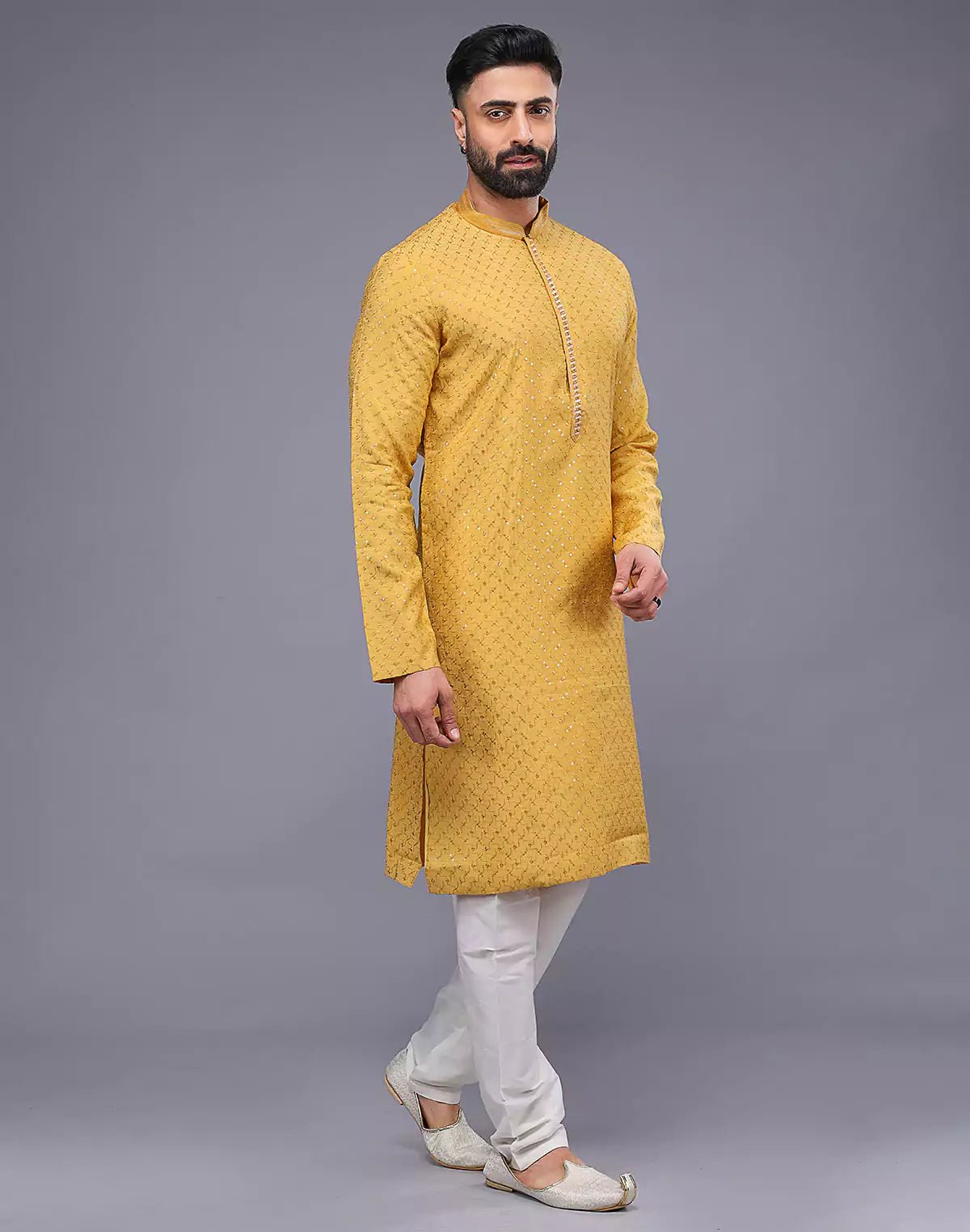 Image of Self Imperial Patterned Elegant Yellow Soft Silk Kurta Set - South India Shopping Mall