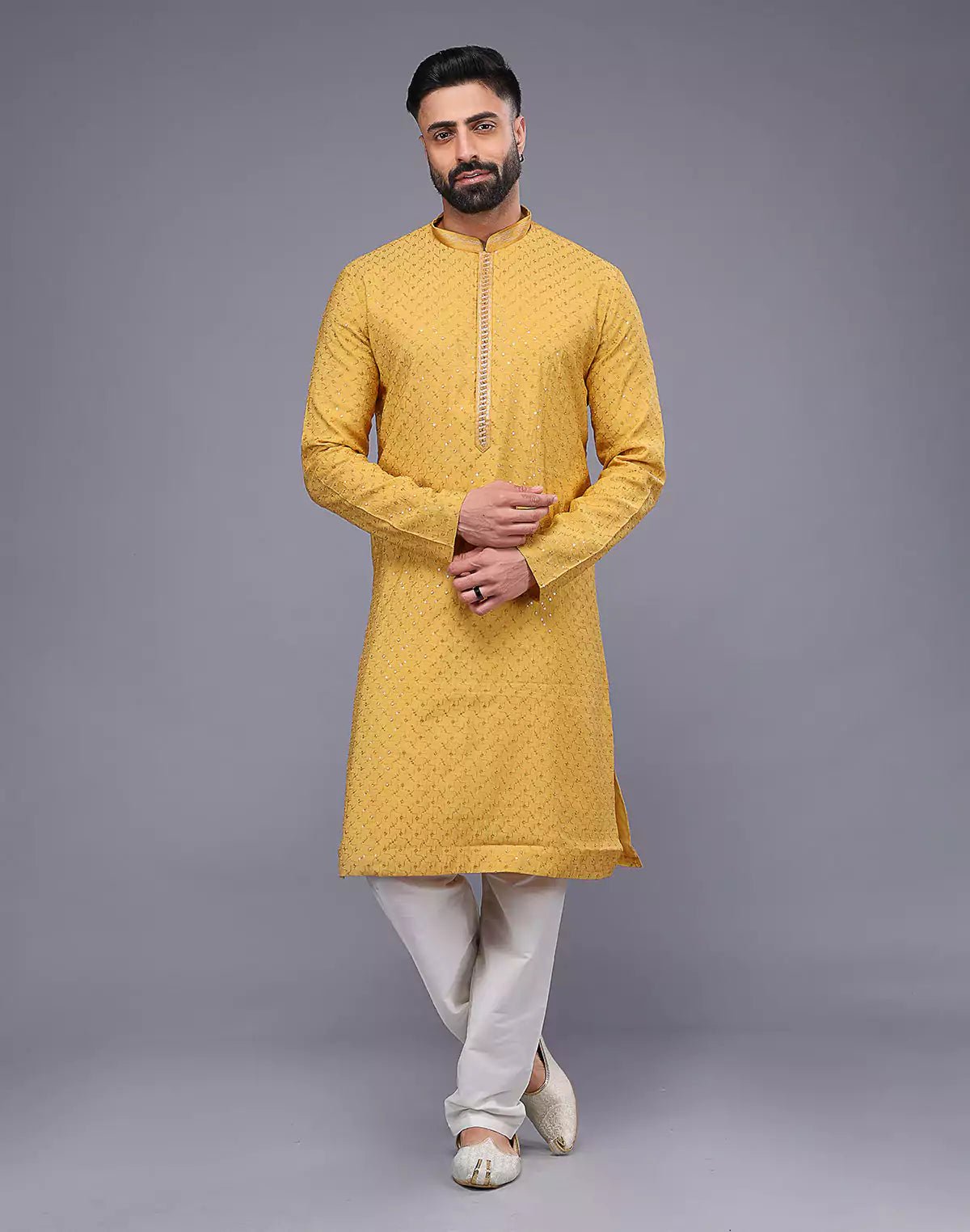 Image of Self Imperial Patterned Elegant Yellow Soft Silk Kurta Set - South India Shopping Mall