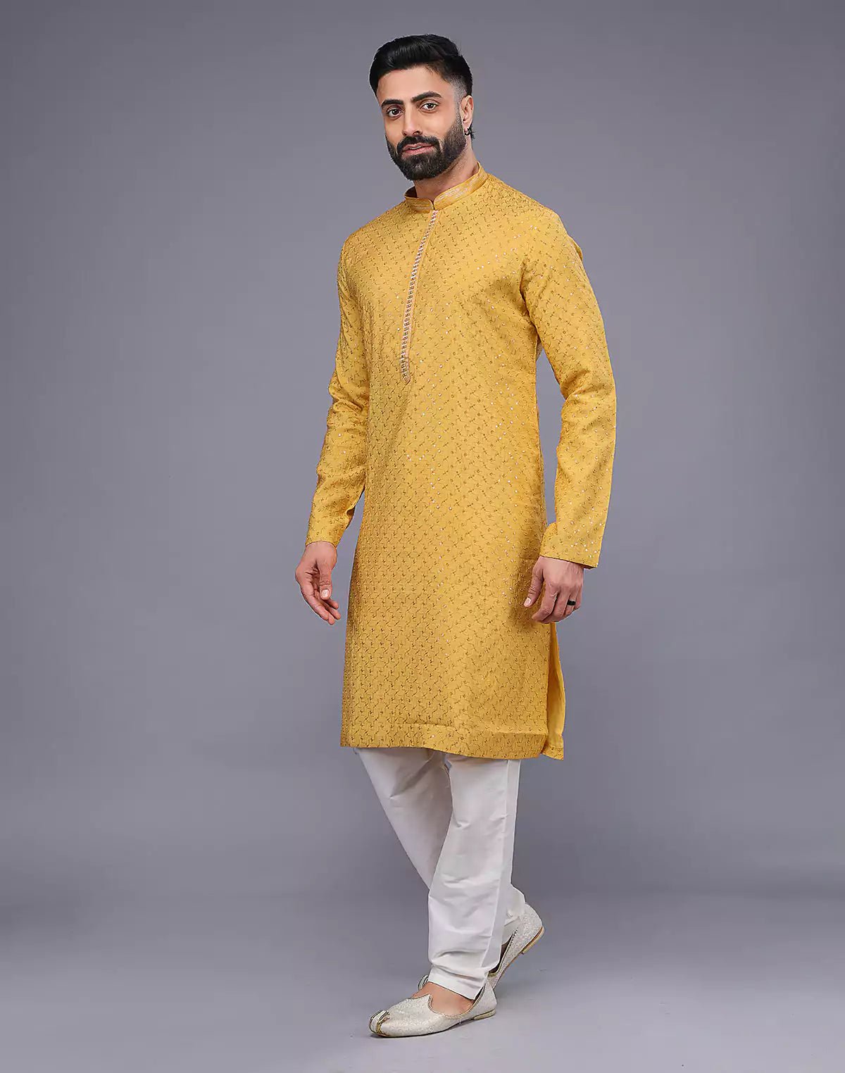Image of Self Imperial Patterned Elegant Yellow Soft Silk Kurta Set - South India Shopping Mall