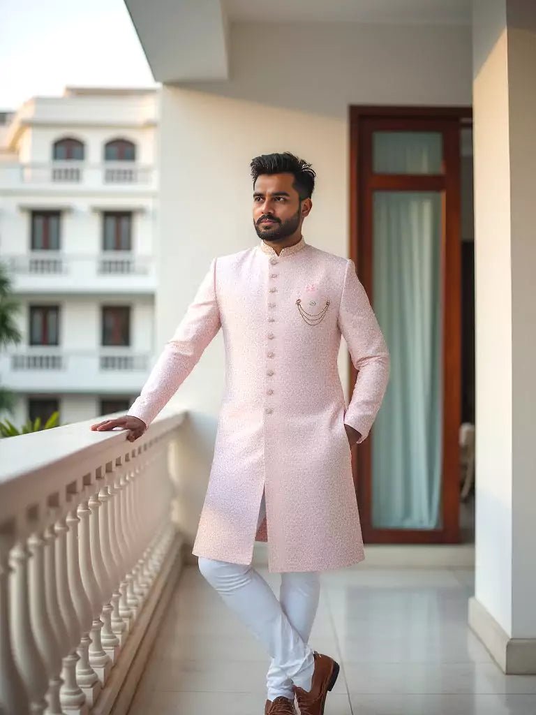 Image of Self Jacquard Design with Embellished Peach Coloured Indo - Western Set - South India Shopping Mall