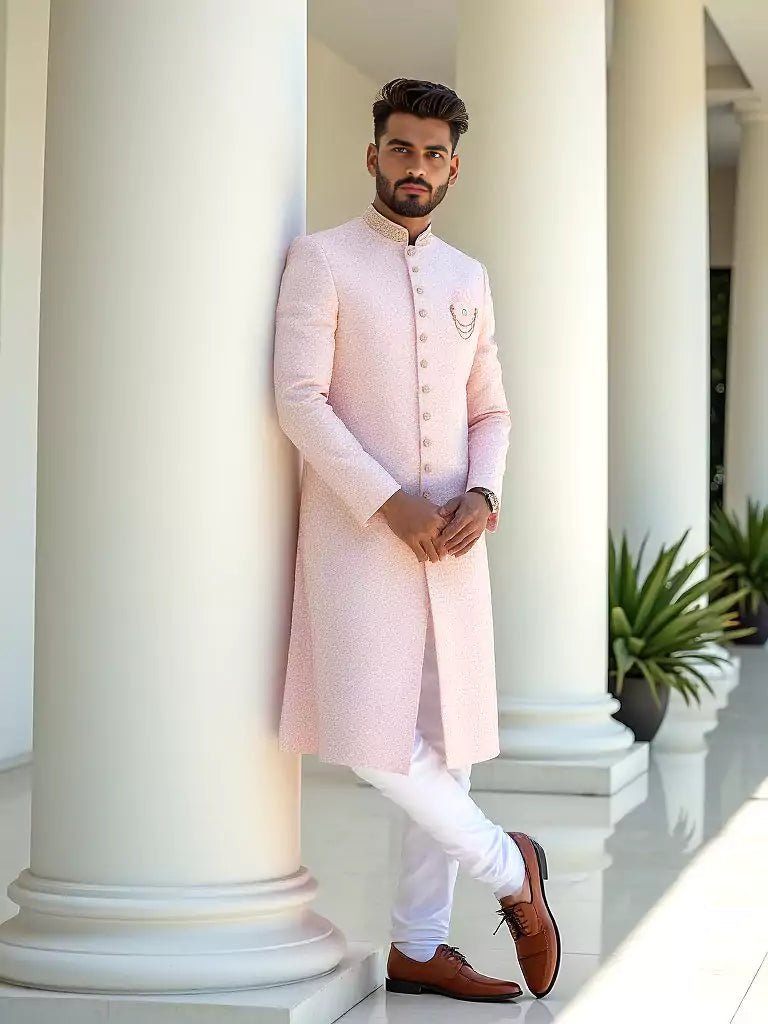 Image of Self Jacquard Design with Embellished Peach Coloured Indo - Western Set - South India Shopping Mall