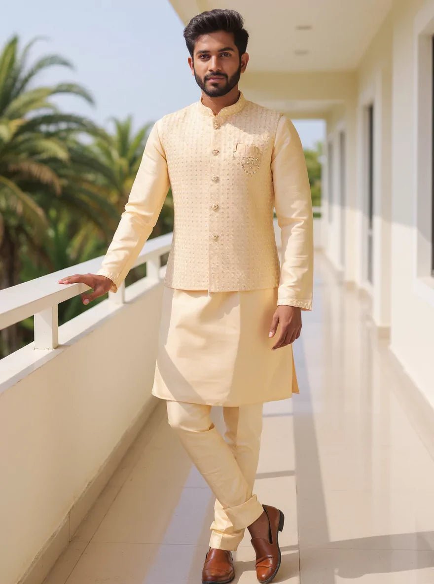 Image of Self Patterned Jacquard Kurta Jacket Set in Fawn - South India Shopping Mall